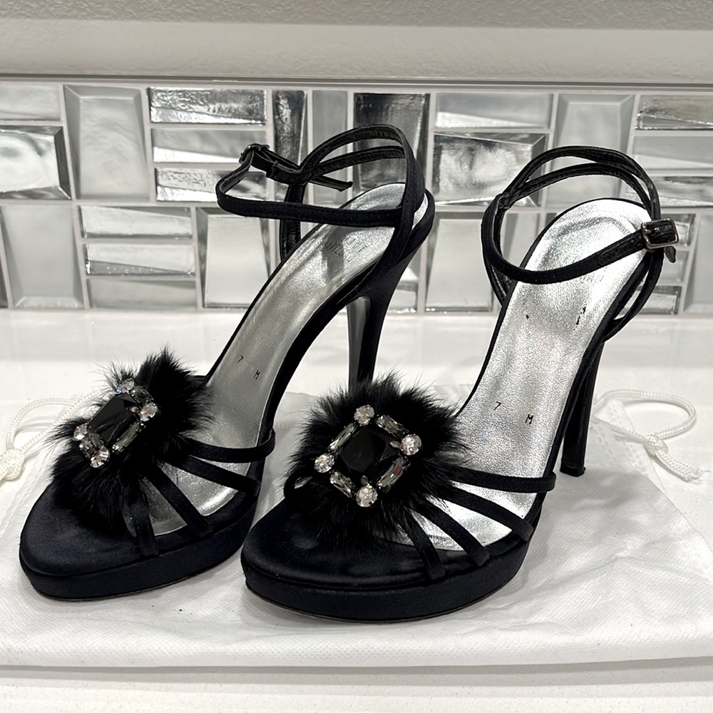 Stuart Weitzman Embellished Black Satin Strappy Platform Heel Size 7